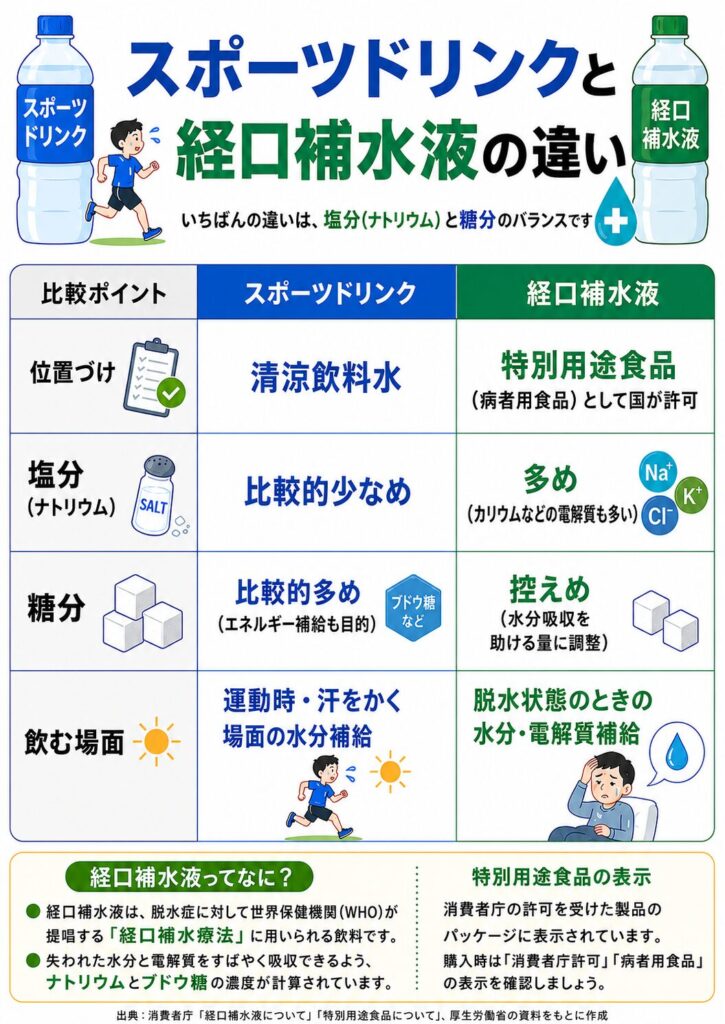 スポーツドリンクと経口補水液の違いの比較。スポーツドリンクは清涼飲料水で
塩分は比較的少なめ、糖分は比較的多く、運動時や汗をかく場面の水分補給に使う。
経口補水液は特別用途食品（病者用食品）として国が許可した飲料で、塩分などの
電解質が多く糖分は控えめ、脱水状態のときの水分・電解質補給に用いる。