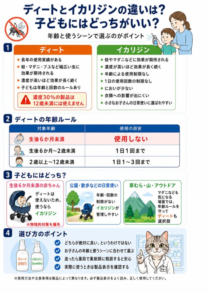 ディートとイカリジンの違いの比較図。ディートは幅広い虫に効果が期待されるが年齢と回数のルールがあり、濃度30%製品は12歳未満使用不可。イカリジンは年齢・回数の制限なし。ディートは生後6か月未満使用しない、6か月〜2歳未満は1日1回まで、2歳以上12歳未満は1日1〜3回まで。