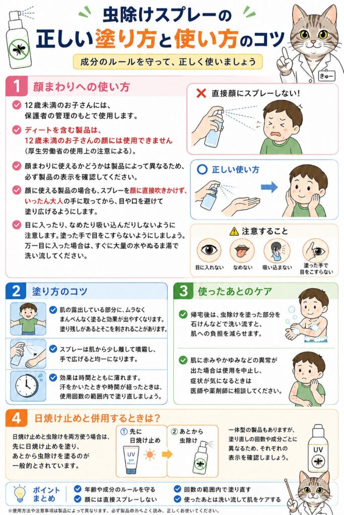 虫除けスプレーの正しい塗り方と使い方。ディート製品は12歳未満の顔には使用不可。顔に直接スプレーせず、大人の手に取ってから目や口を避けて塗る。肌の露出部にムラなく塗り、使用回数の範囲内で塗り直す。帰宅後は石けんで洗い流し、異常があれば使用を中止して医師や薬剤師に相談。日焼け止めは先に塗り、虫除けはあとから。